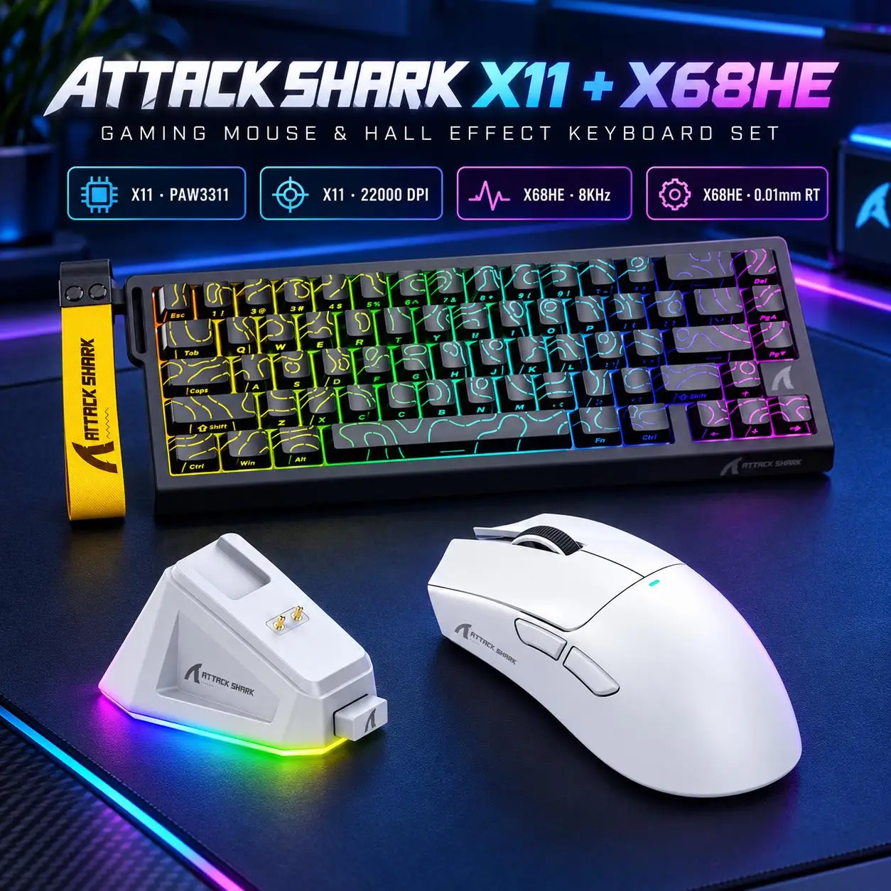 Attack Shark X11 Tri-Mode Wireless Mouse & X68HE Esports Magnetic Keyboard 8K Polling RT RGB Gaming Combo for PC FPS