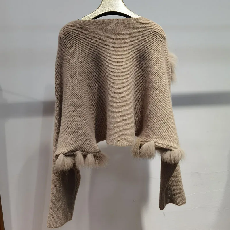 Chique Dames Gebreide Echte Fox Bont Pullover Tops Vrouwelijke O-hals Lange Mouw Lente Korte Trui Met Echt Vossenbont Strip