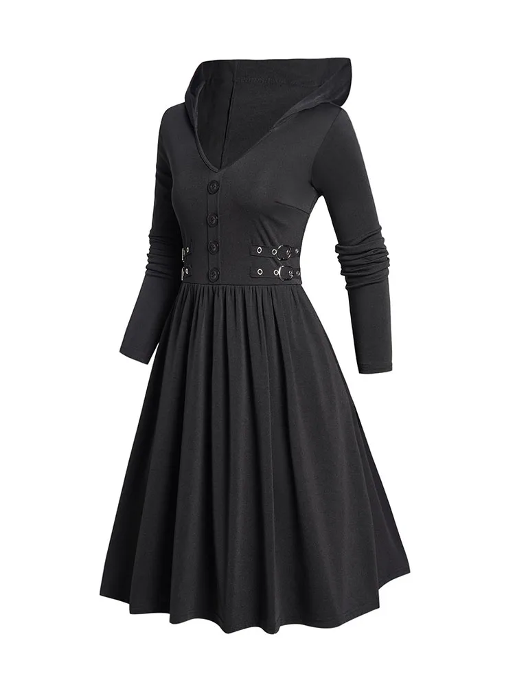 Buckle Gothic Hooded Dress Plain Color Long Sleeve A Line Casual Dress Spring Fall Black Dresses For Women 2024 New