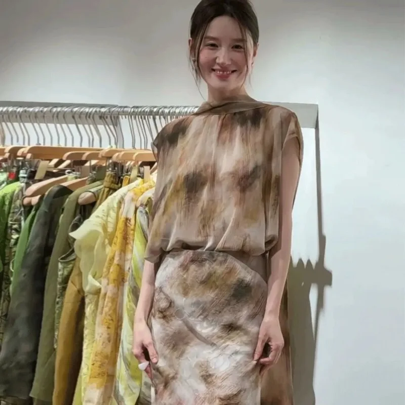 

Women Vintage Tie Dye Ribbon Blouse Midi Skirt Two Piece Elegant Summer Outfit Set S XL