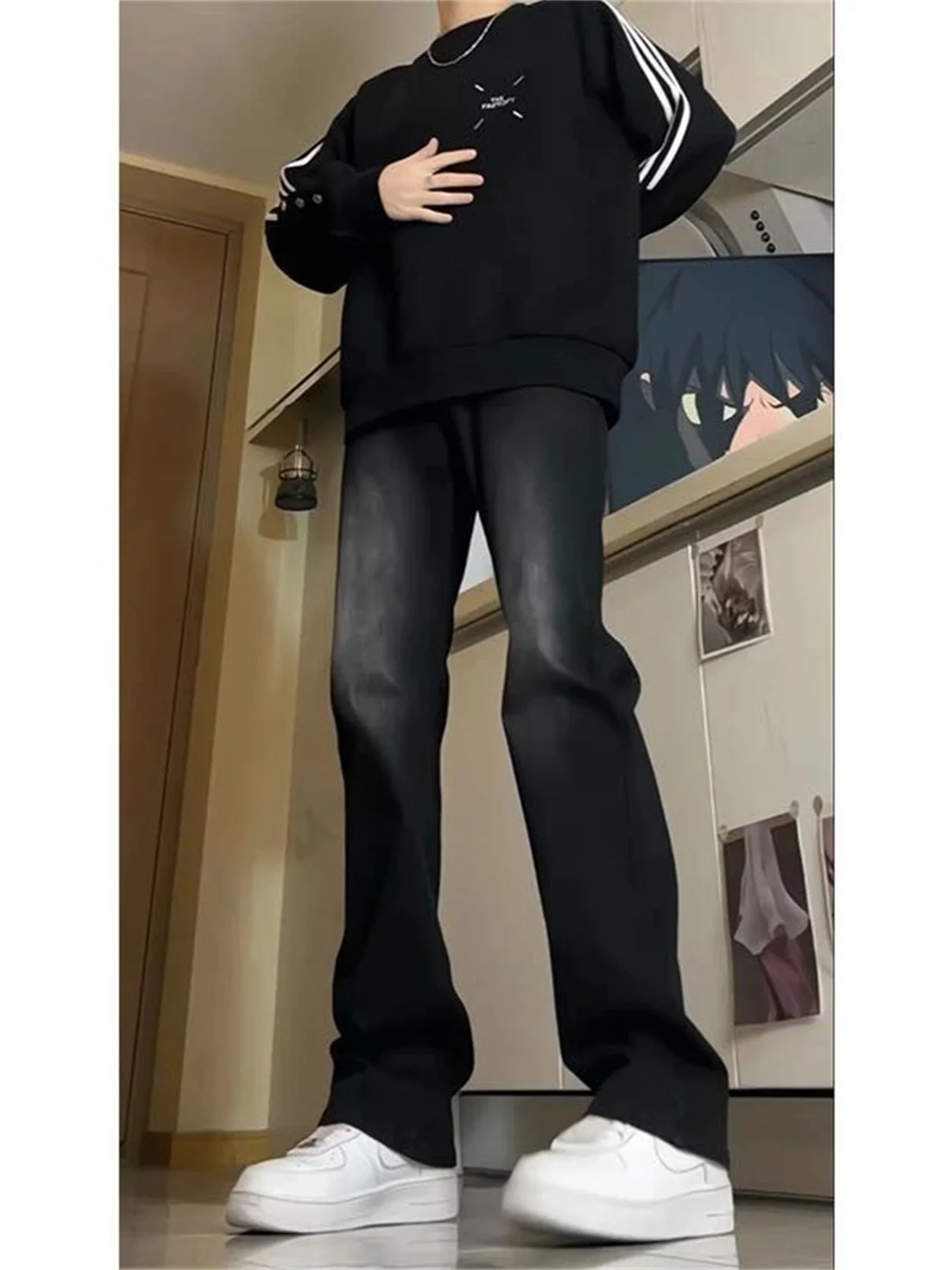 

Bla ey Fce Lined Straight Leg Micro Flared Jeans Men's Autumn Winter Waed American High Street Casual Pants