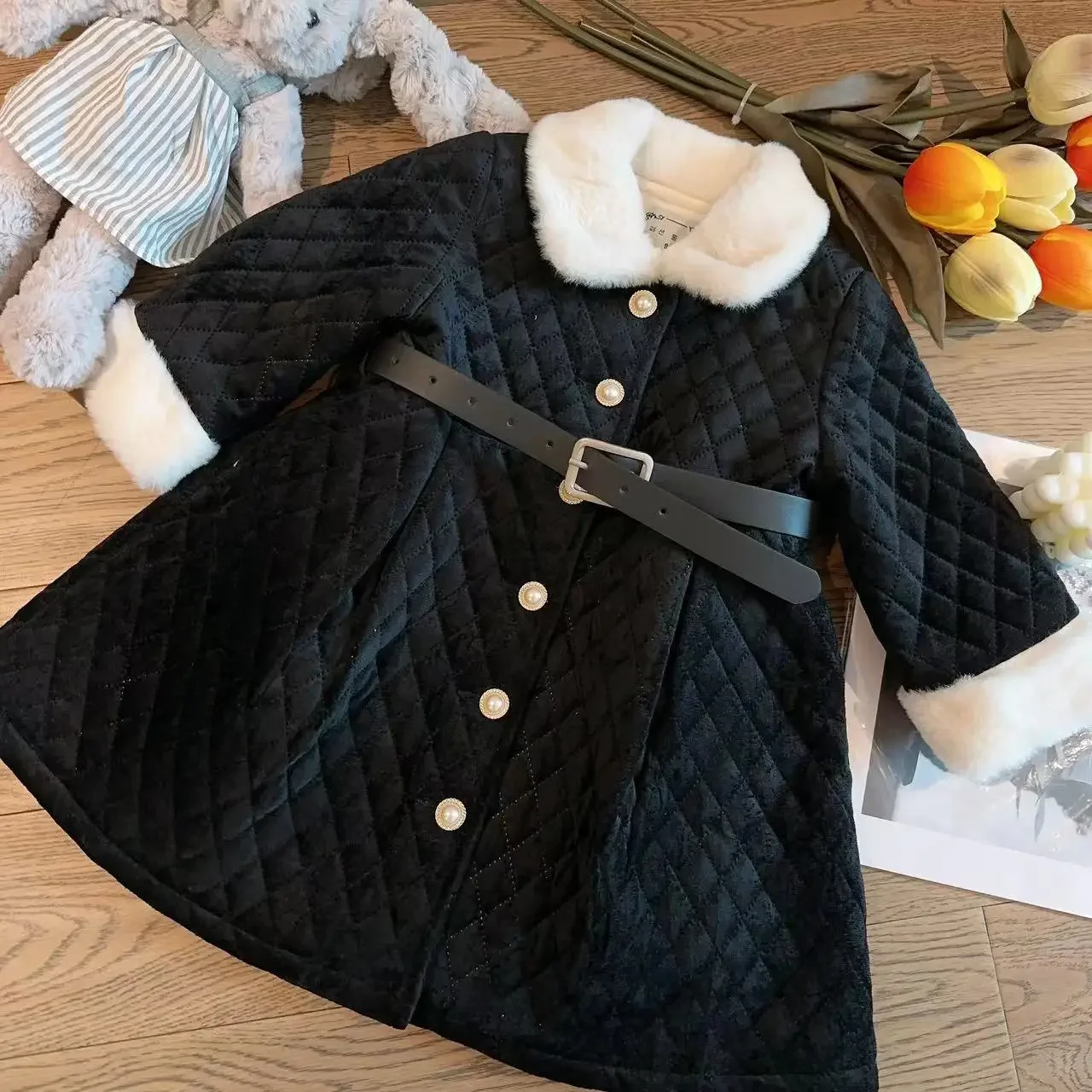 Girls'Dress 2023 Winter New Children Mid length Small Flip Collar with Plush and Thickened Middle and Small Children Skirt