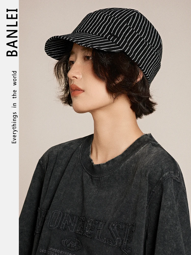 

2025 new hat striped cotton and linen thin cap women's comfortable breathable literary newsboy painter hat