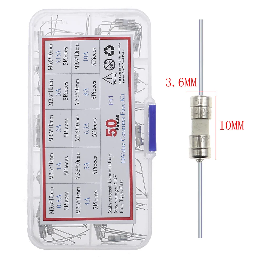 

50 шт., 10 значений, 3,6 x 10 мм с штифтом, комплект керамических предохранительных трубок быстрого разрыва, коробка 0,5 А, 1 А, 2 А, 3 А, 3,15 А, 4 А, 5 А, 6,3 А, 8 А, 10 А