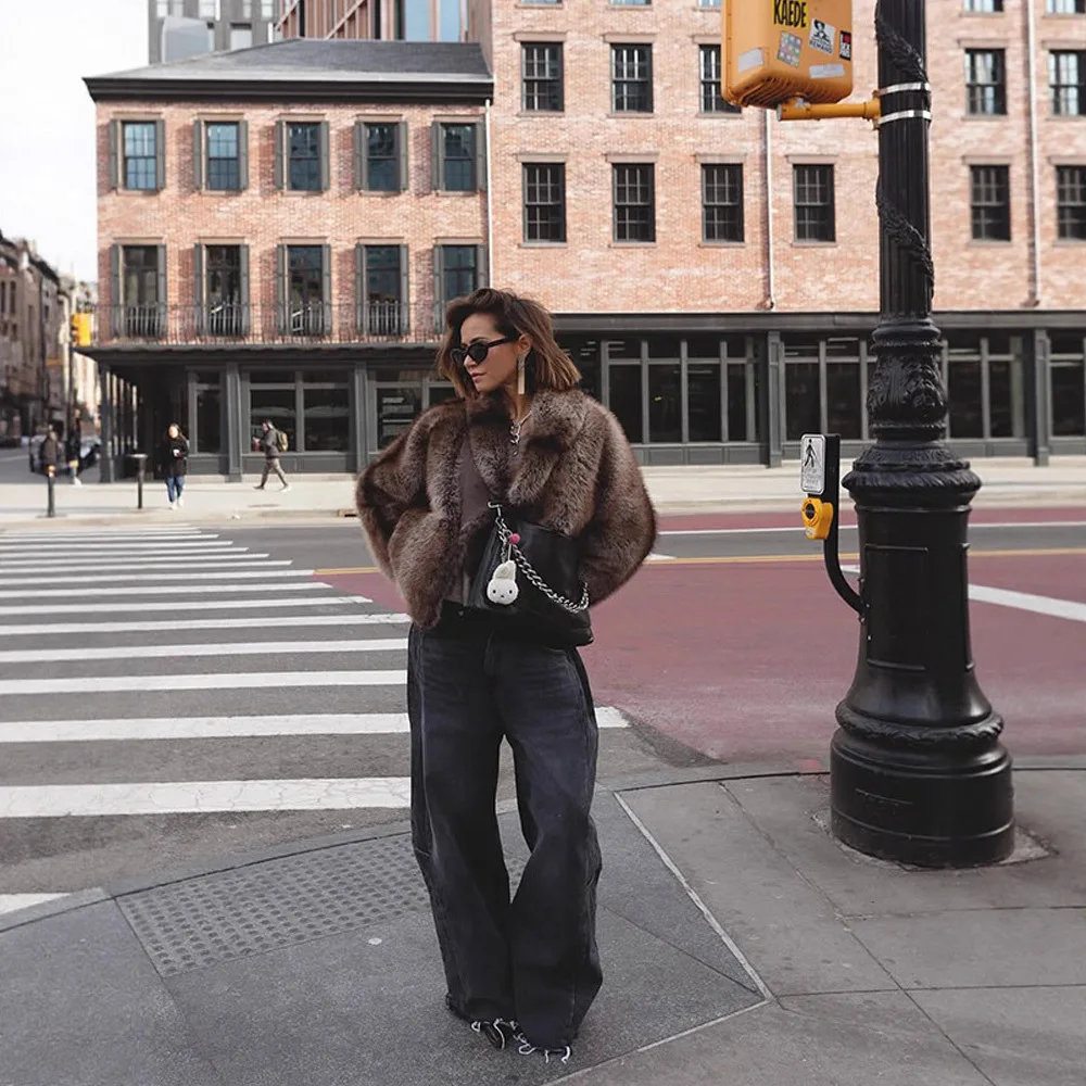 Vintage Winter Women Gradient Faux Fur Jacket Lapel Collar Artificial Eco Faux Fur Coat Thickened Short Lady Fluffy Fur Outwear