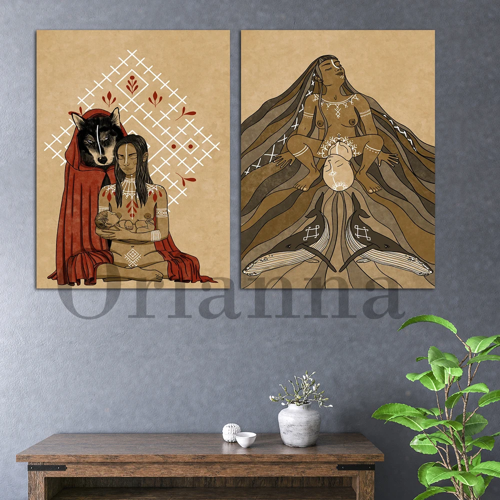 Childbirth Pregnancy Goddess Fertility Breastfeeding African Tribal Women And Wolves Wall Art Prints Posters Decor Painting Gift