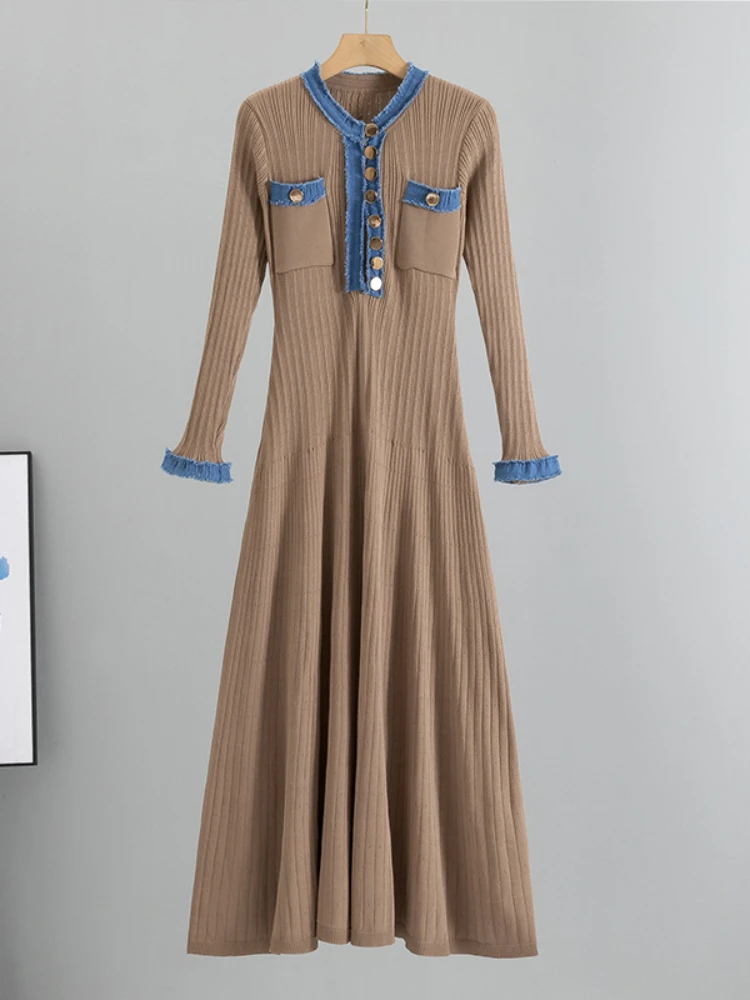 

New in Spring Autumn Knit Womens Dresses Elegant Sweater Long Dress for Women Cowboy Splicing Pullover Party Sexy Dress Clothing