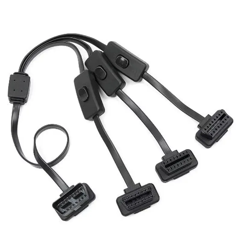 Flat OBDII 16 Pin 1 Male Splitter to 3 Female Extension Cable OBD2 Car Diagnostic Extender Cord 60CM For Multiple OBD2 Equipment