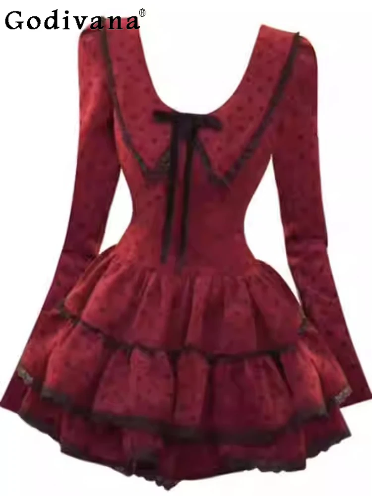 

Большой размер, французское ретро контрастное цветное платье на шнуровке с лацканами и бантом, женское осеннее красное рождественское платье принцессы с высокой талией