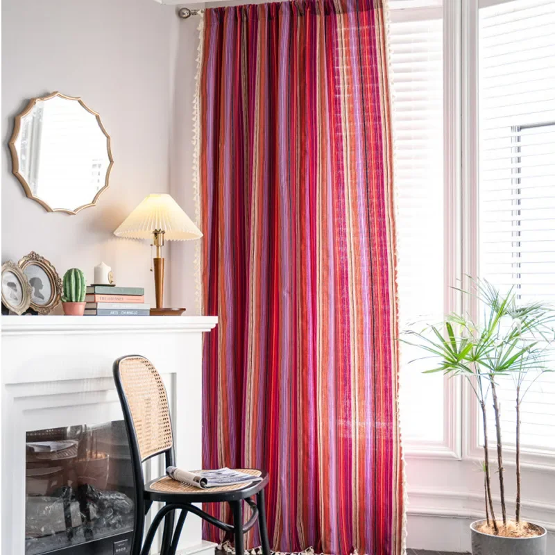 

Boho Rainbow Stripes Curtain Cotton Linen with Tassel Blackout Valance for The Luxury Living Room Curtains for Living Room