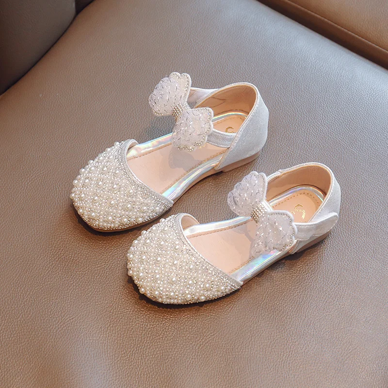 New Summer Fashionable Comfortable Casual and Elegant Beaded Bow Flat-soled Elegant Wear-resistant Girls\' Leather Shoes