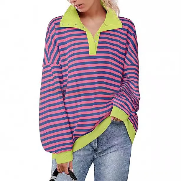 Women Sweatshirt Striped Top Long Sleeve Turn Down Collar 2024 Autumn Sweater Casual Streetwear Loose Fit Female Pullover Top