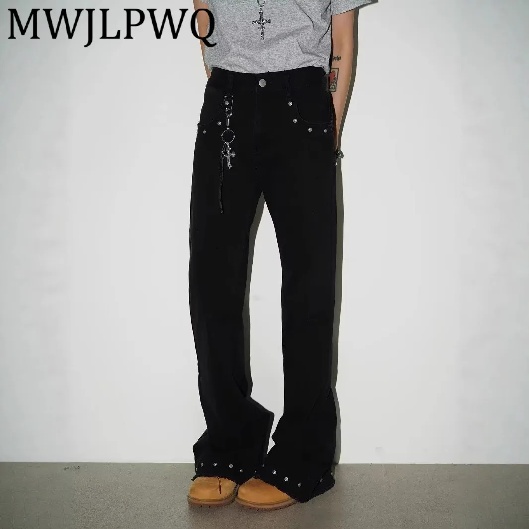 

MWJLPWQ Джинсы Machete с заклепками и потертыми краями, мужские черные брюки с высокой талией в американском стиле Street Vibe, слегка расклешенные брюки, новинка 12067