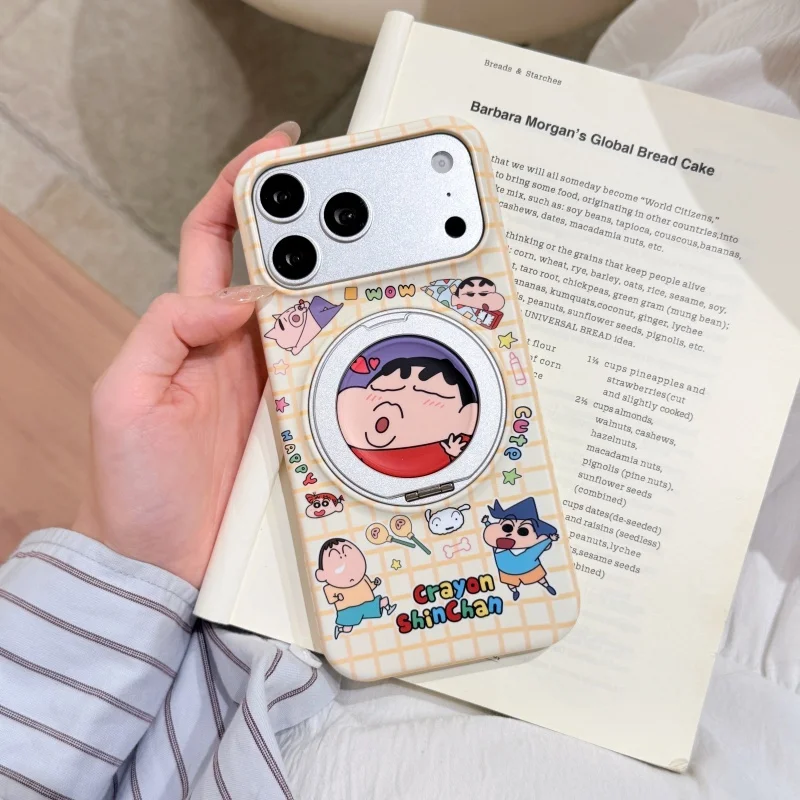 Japanese Plaid Pattern Cartoon Crayon Shin-chan Phone Case For iPhone 16 Pro 17 15 Pro Max Protective Cover with Rotation Stand