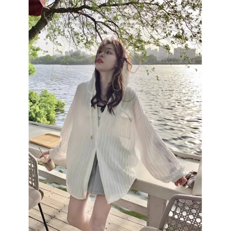 Korobov Hooded Shirt Coat Female Ropa De Mujer Summer Sun Protection Y2k Tops New Casual Loose Long Sleeve Solid Cardigan