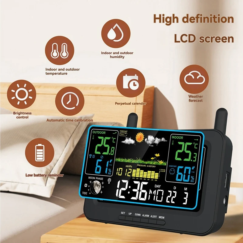 Color Screen Digital Weather Station Sunrise And Sunset Thermometer Hygrometer With Wireless Outdoor Sensor EU Plug A