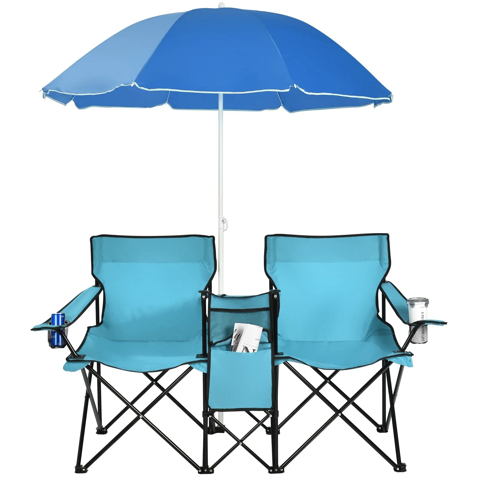 

Folding Portable Picnic Double Chair W/Umbrella Table Cooler Beach Camping