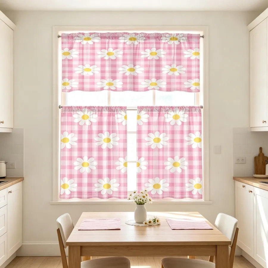 Pastoral Kitchen Curtains, Pink Checkered Daisy Gingham, Digital Print, Kitchen Dining Room, Rod Pocket Polyester, Home Decor