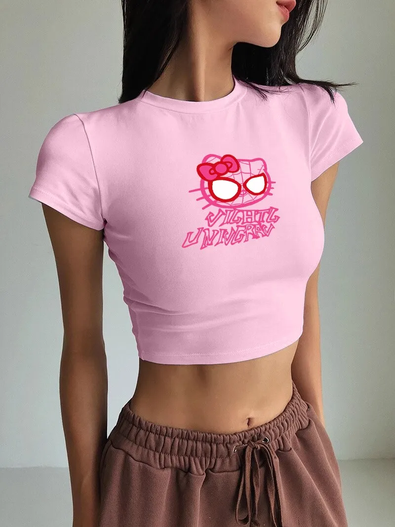 Sanrio Spider Man Hello Kitty Girl T Shirt Summer Crop Tops Soft T Shirts Slim Vigor T-Shirt Ventilation O-Neck Short Sleeved