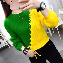 Autumn Winter Women Sweaters Pullover New Korean Long Sleeve Lace Up Spliced Round Neck Contrast Color Knit Sweaters Female Tops