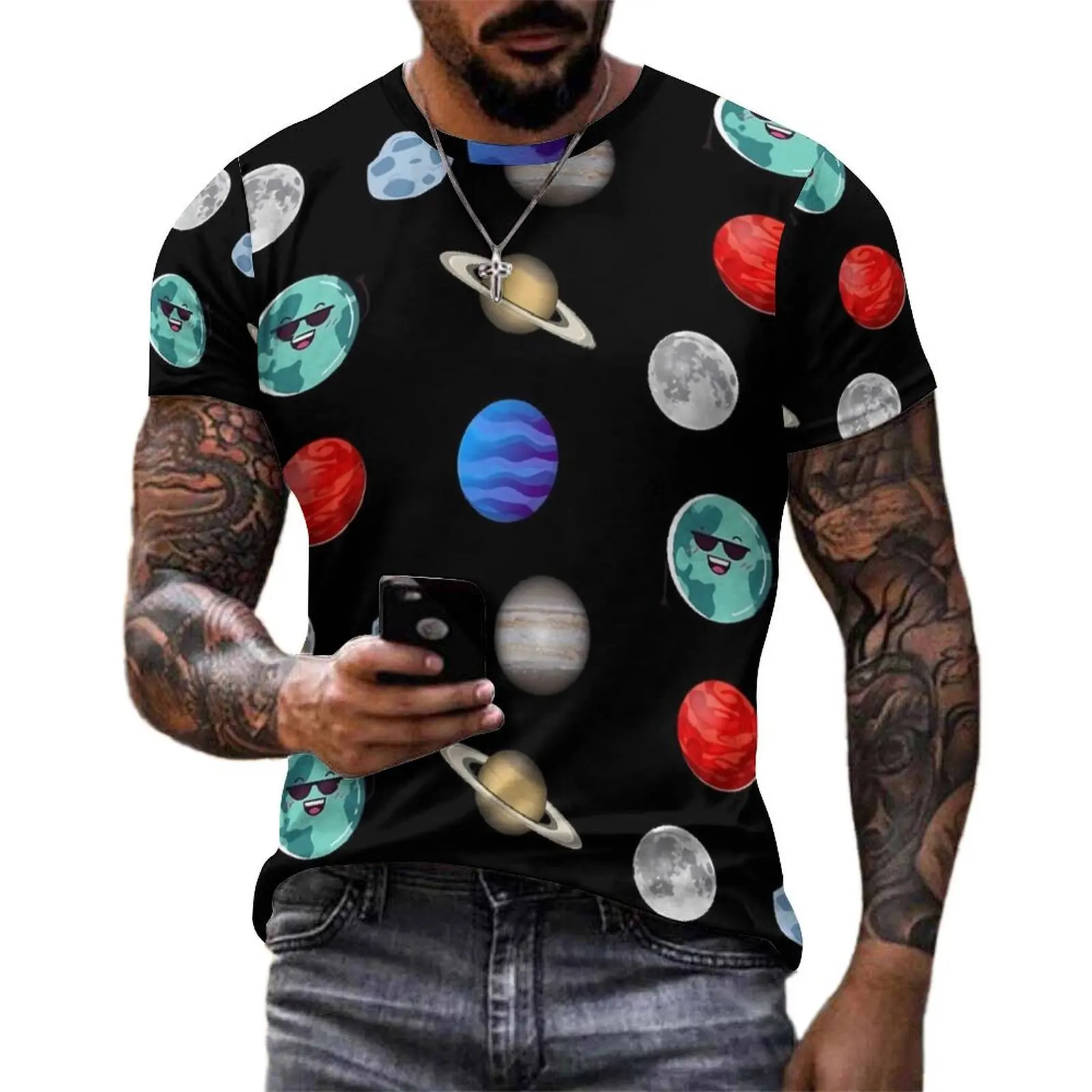 Space System T-Shirt Colorful Planets Man Trendy T-Shirts Beach Tee Shirt Short-Sleeved Streetwear Plus Size Clothes Gift