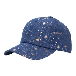 Casual Women Mens Denim Blue Baseball Cap Bronzing Printed Golden Starburst Design