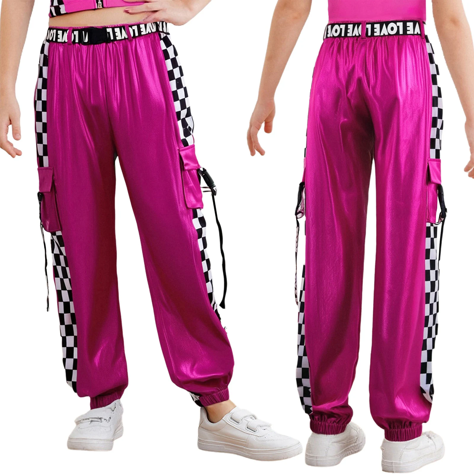 Traje de baile de Jazz para niñas, pantalones a cuadros con cintura elástica y acabado brillante y cinturón desmontable para clases de baile callejero de Hip Hop