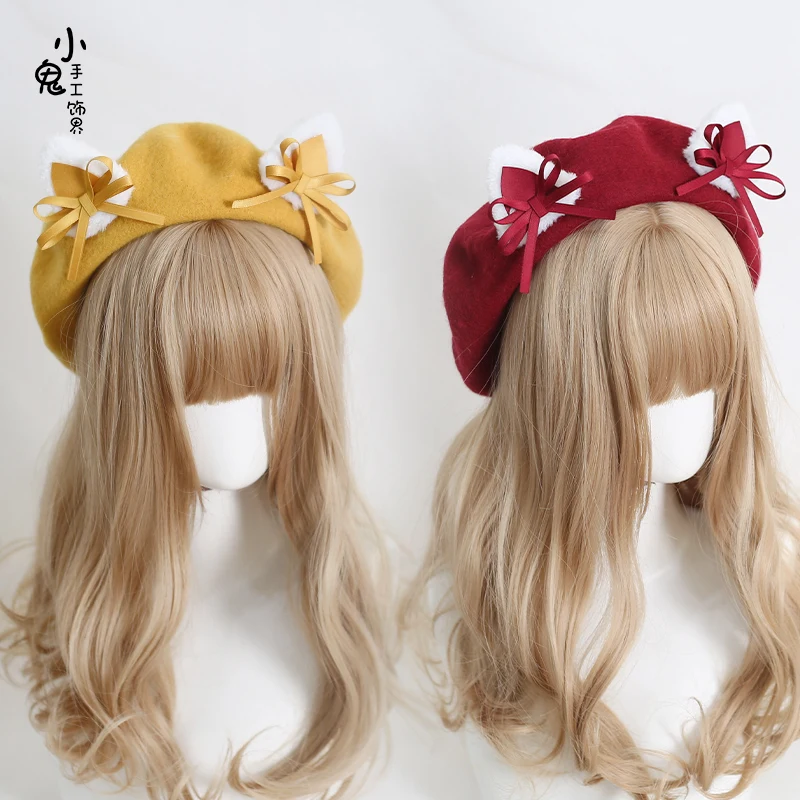 Japanese lolita girls bow cat ears beret of lovely cat ears in the fall and winter bud hat