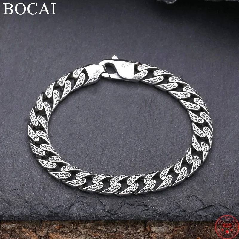 

BOCAI S925 Sterling Silver Bracelets for Women Men New Fashion Eternal Vine Pattern 9mm Cuban Link Chain Jewelry Free Shipping