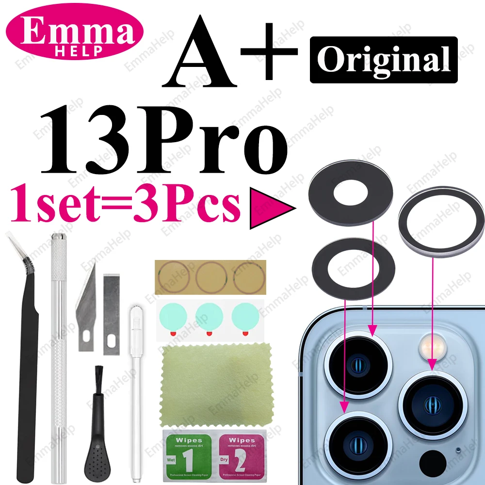EmmaHelp 1 Set Original Saphir Rückkamera-Objektivglas für iPhone 15 14 13 12 11 Pro Max Plus Mini mit Klebstoff-Reparatur-Werkzeugset 5