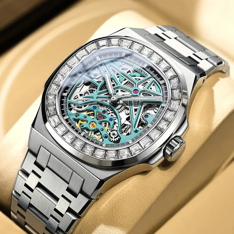 Luxury Brand Switzerland CARNIVAL Japan Imported Automatic Mechanical Men's Watches Dual Skeleton Rhinestone Waterproof C8118G
