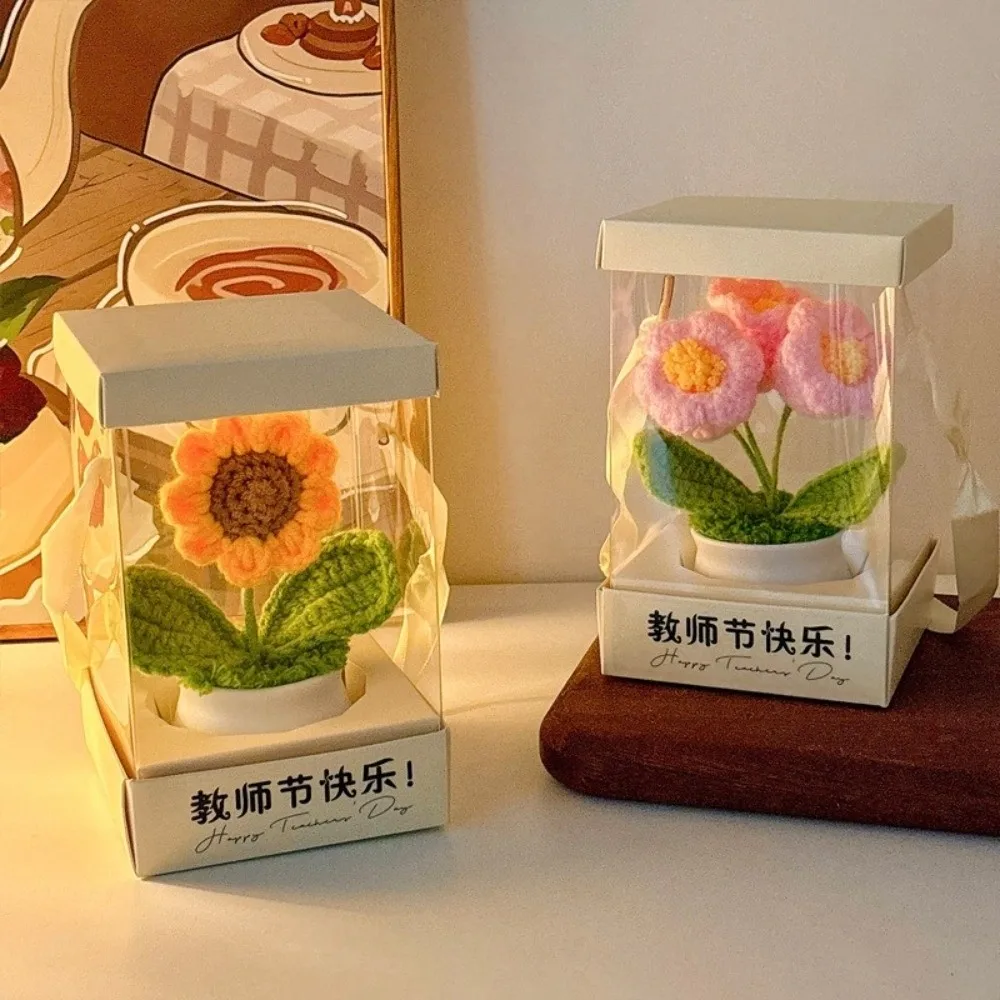 Hand Knitted Crochet Flower Doll Potted Plant Handmade Wool Knitting Doll Forget-me-not Lily of The Valley Sunflower Potato Doll