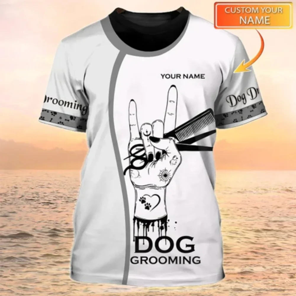 Dog Grooming Customized Name Casual Workwear T Shirt for Men Paws Graphic Personalized Male Groomer Uniform Short Sleeve Tops