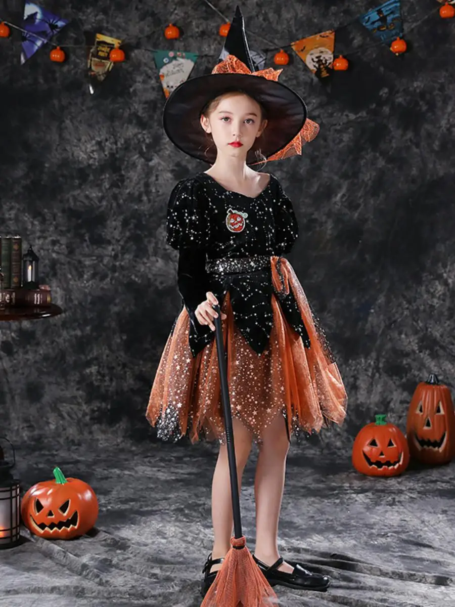 

loween Children's Witch Costume Cosplay Girls' Role-plang Masquerade Ball Dr Little Girl's Witch Outfit Polyester