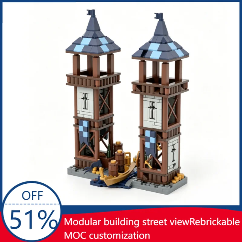 598PCS Medieval Watchtower Building Blocks Creative Lake Side Lookout Model Assembly Educational Toy Home Birthday Festival Gift