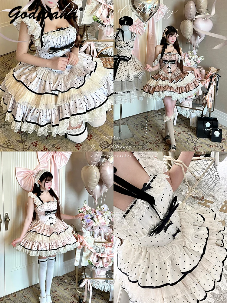 جديد الصيف الحلو فتاة المرأة منقطة سليم حمالة الدانتيل فستان الأميرة لطيف منتفخ قصيرة فساتين حفلة عيد ميلاد