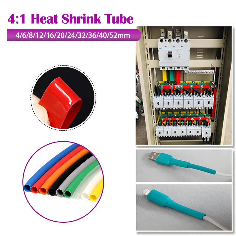 

1/2/5M 4:1 Glued Heat Shrink Tube Diameter 4mm - 52mm Polyolefin Adhesive Wire Cable Repair Wrap Sleeve Dual Wall Thicken Tubing