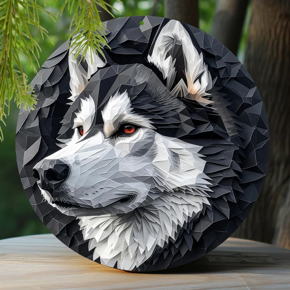 Aluminiowa metalowa tabliczka z motywem alaskańskiego malamuta, dekoracja imitująca origami, okrągła tabliczka do dekoracji okna, dekoracja do mieszkania, prezent dla mężczyzn.