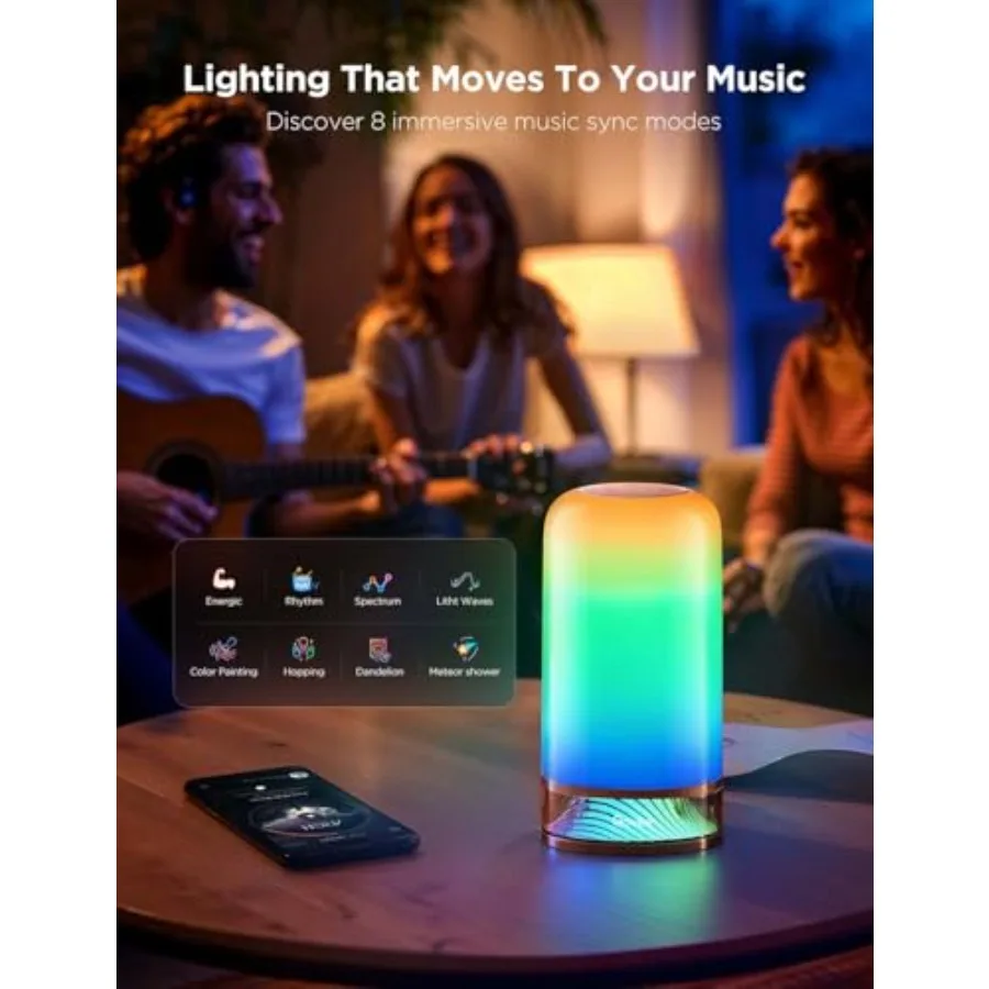 RGBIC Smart Table Lamp 2, Touch Bedside Small Table Lamp Corded LED Desk Lamp Compatible with SmartThings, Matter, Alexa, Night view 5