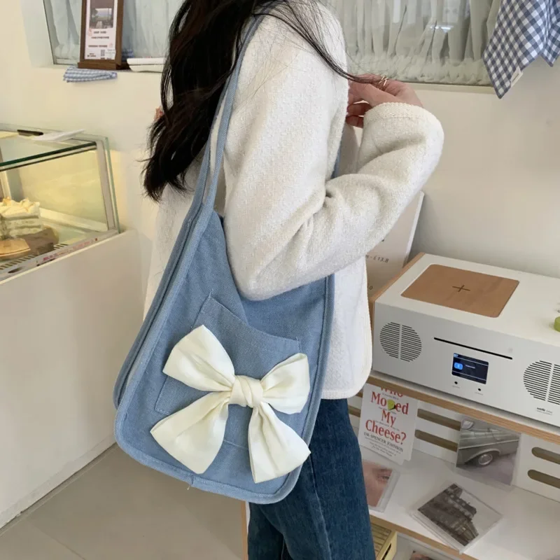 Women\'s Bow Canvas Shopper Bag French Bow Denim Armpit Shoulder Bag Large Capacity Casual Shopper Bag School Tote Bags