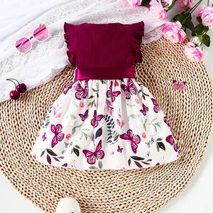 Vestido de cinto de manga com babados e estampa de bolinhas de borboleta e planta para bebê menina + fita 8 principais vendas vestido 1 ano bebe borboleta - №5