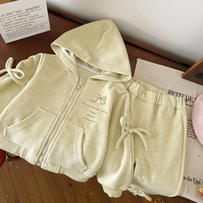 

Комплект спортивной одежды для девочек, куртка с капюшоном и молнией с бантом, брюки, костюм из 2 предметов, весенне-осенний свободный повседневный костюм в корейском стиле