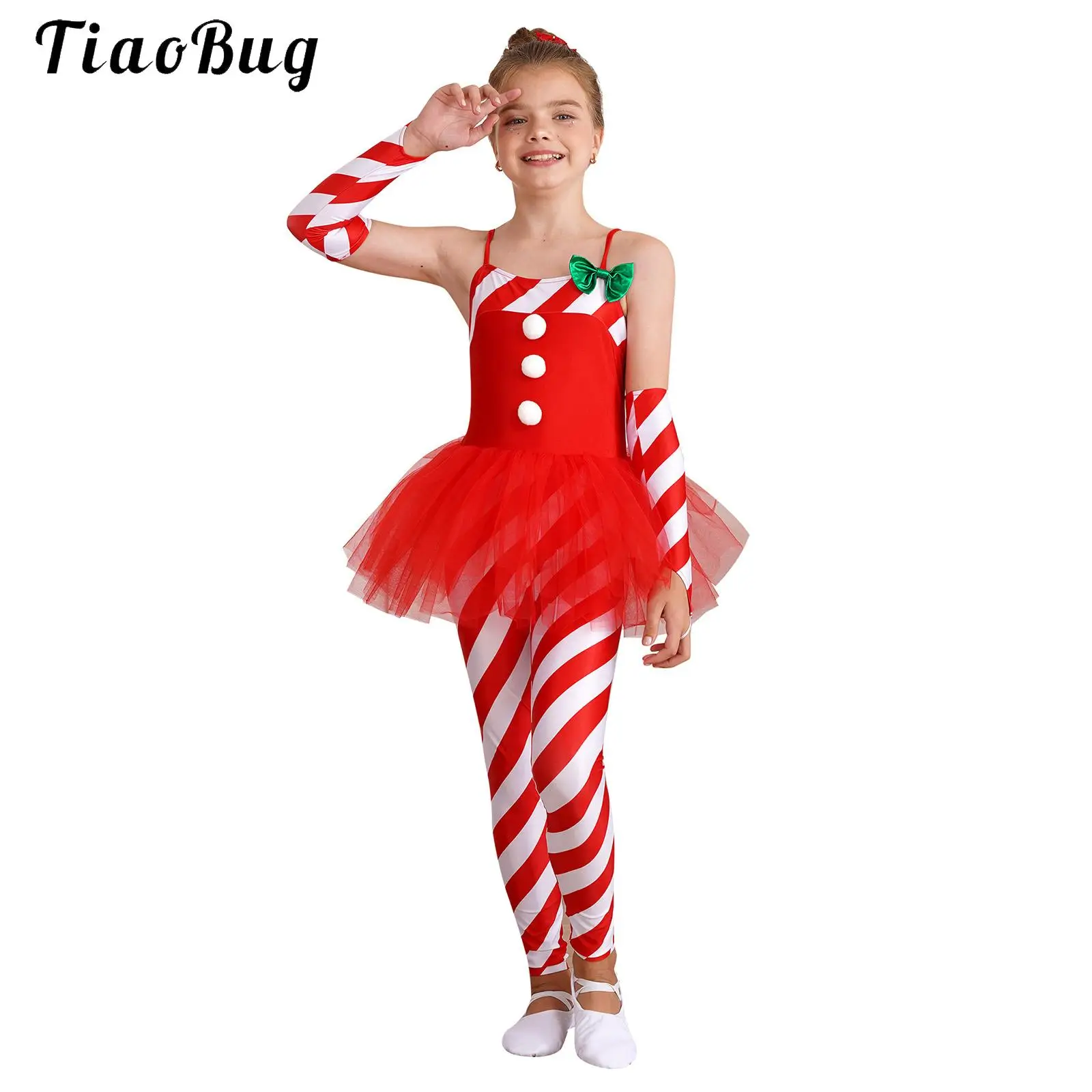 

Kid Girl Gymnastics Leotard Christmas Candy Cane Cosplay Costume Ballet Figure Skating Jumpsuit Tutu Dress Mesh Skirted Bodysuit