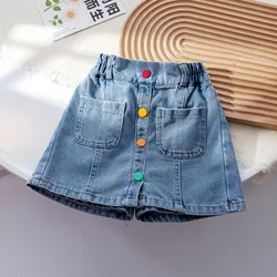 Girls Summer New Sweet Rainbow Button Denim Shorts Korean Short Pantskirt 2024 Children's Summer Elastic Waist Denim Skirt