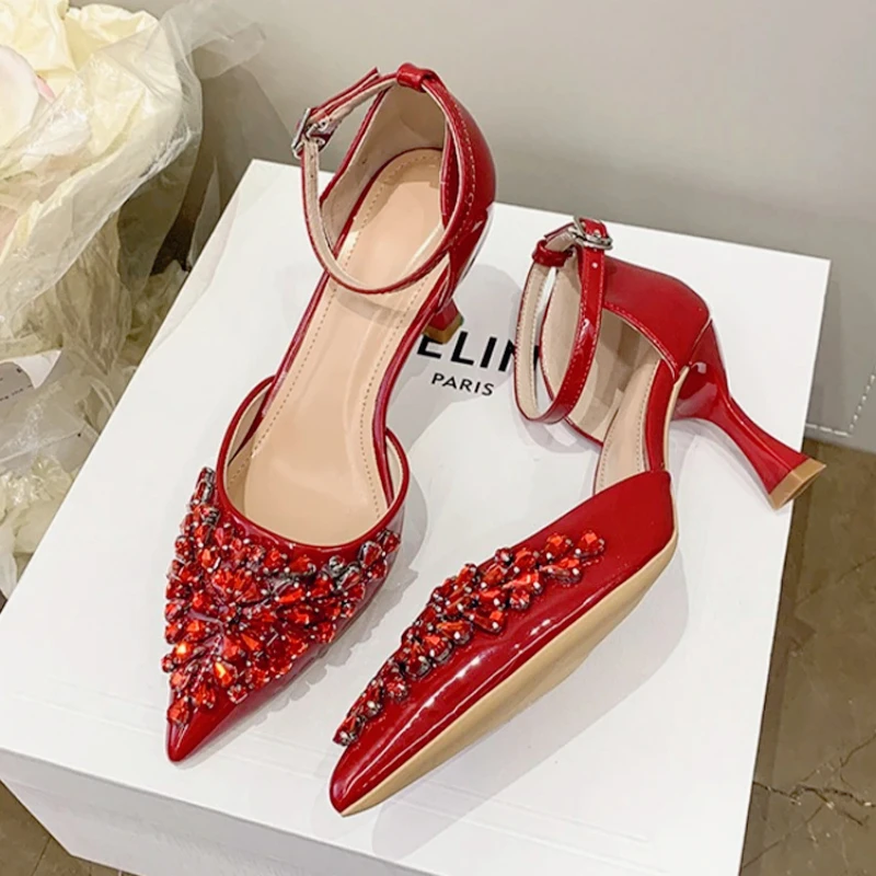 

Luxury CRYSTAL Patent Leather Pointed Toe High Heels Women Elegant Ankle Strap Designer Women Pumps 2026 Spring Party Dress Shoe