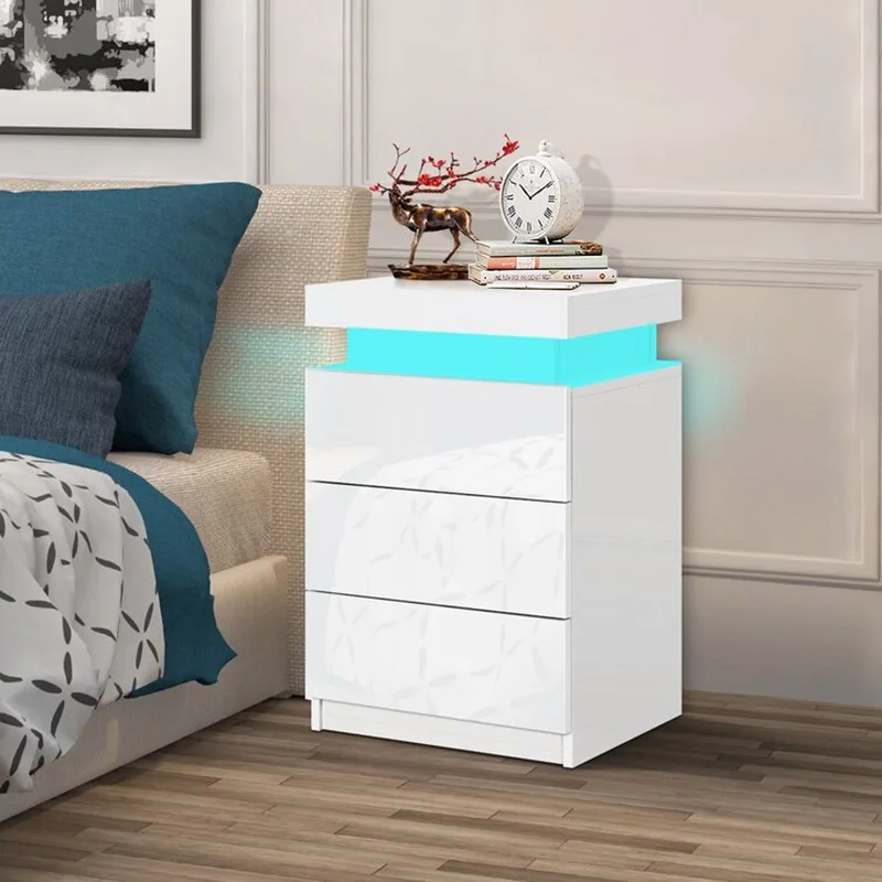 

Simple Modern Bedside Table White Bedroom Storage Cabinet Assembly with LED Lights