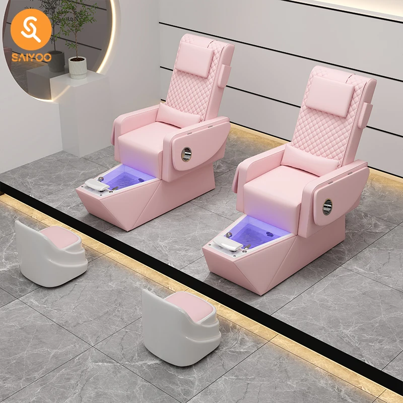 Fashion Pink Pedicure Chair With Colorful Light Solid Base And Manicure Headrest Set