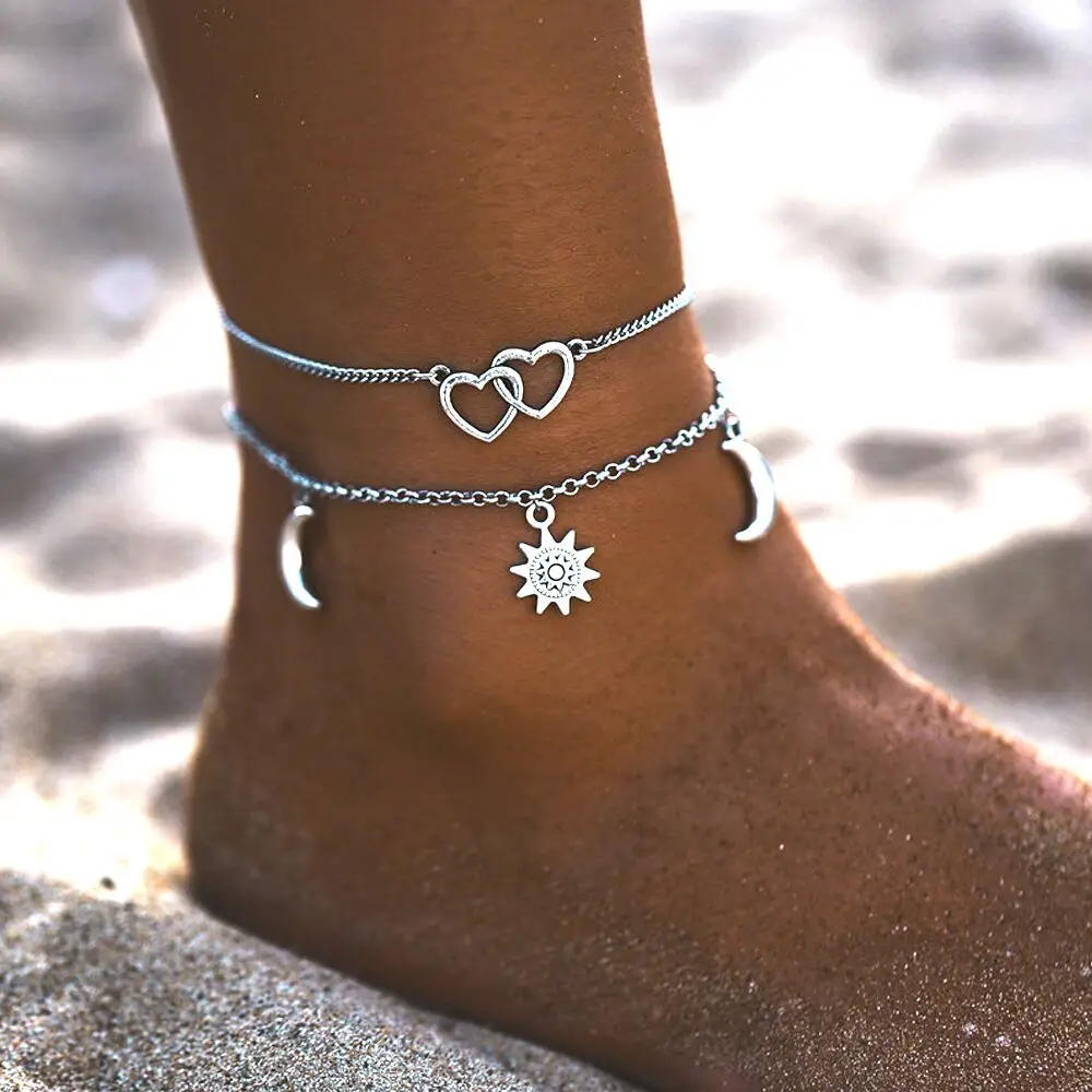 Bohemian Moon Sun Heart Charms Anklet for Women Double Layer Chain Bracelets Anklets Summer Beach Foot Barefoot Sandals Jewelry