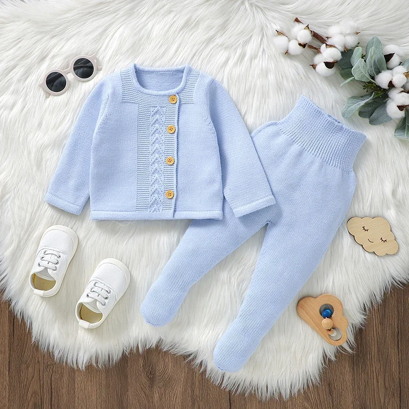 Baby Clothes Set Knit Newborn Girl Boy Long Sleeve Pullover Pants 2PC Fashion Solid Warm Infant Sweater Trousers Leggings Autumn