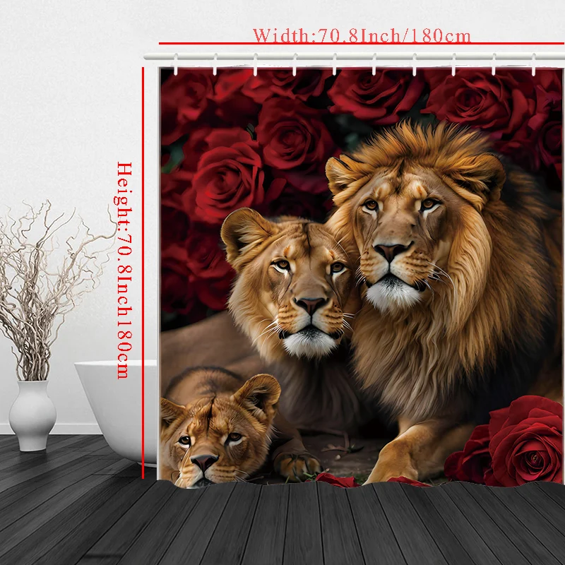 Valentine\'s Day Flower Animal Lion Rose Bathing Curtain  Bathroom Shower Curtain Waterproof With 12 Hooks Home Deco Free Ship